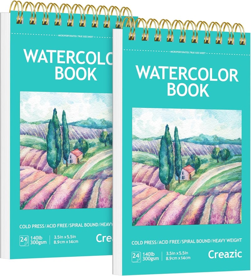 Creazic دفتر رسم مائي صغير 2 حزمة، 3.5" × 5.5" (140 رطل/300 جرام)، مربوط بشكل حلزوني مع خط تمزق. ورق ألوان مائية للفنانين، دفتر سفر محمول للرسم بالألوان المائية أو الرسم السريع - مثالي للأطفال والبالغين. - Image 1